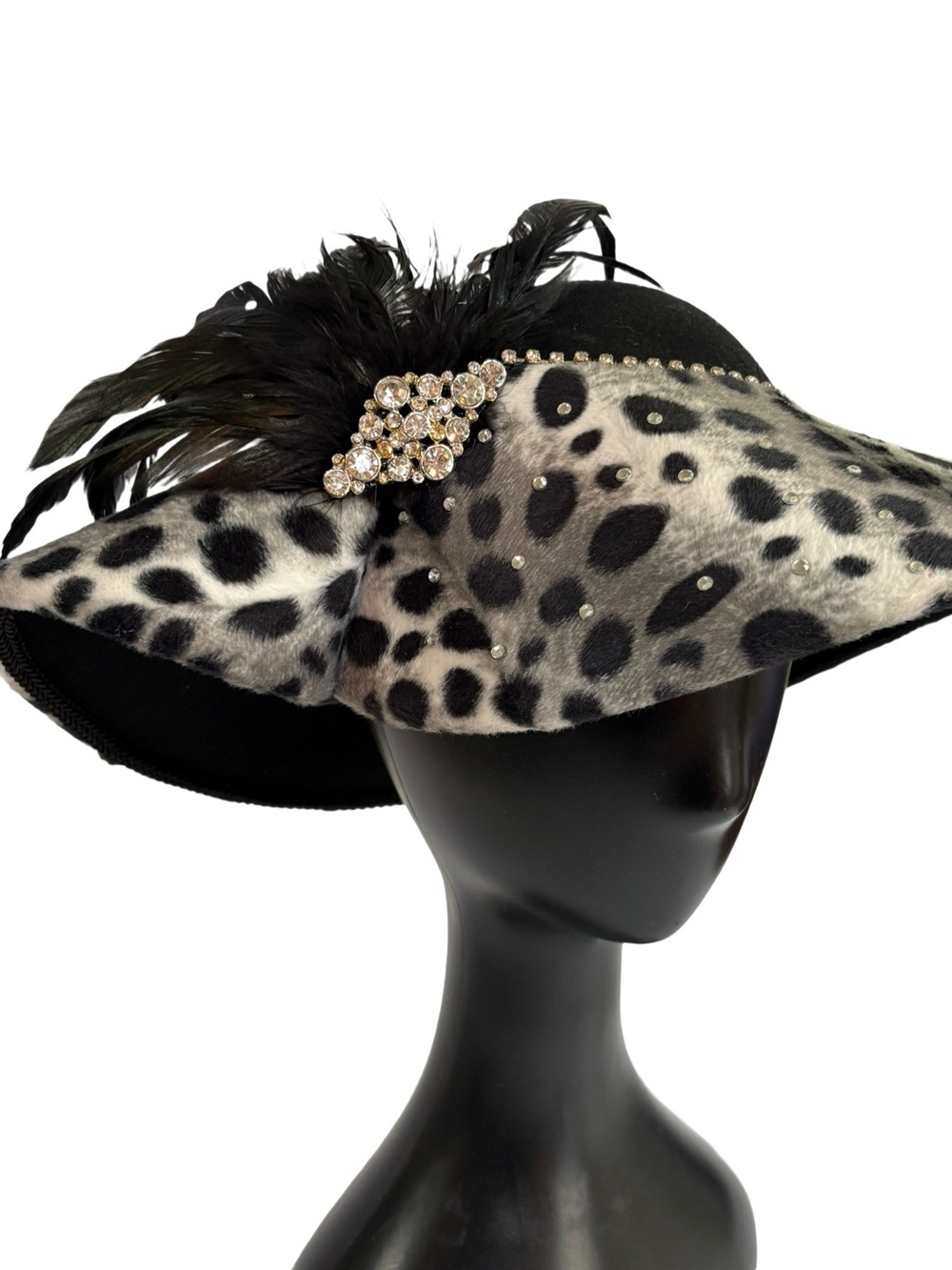 Vintage Fancy Church Black & White Leopard Feathered Dress Hat with Jewel Accent